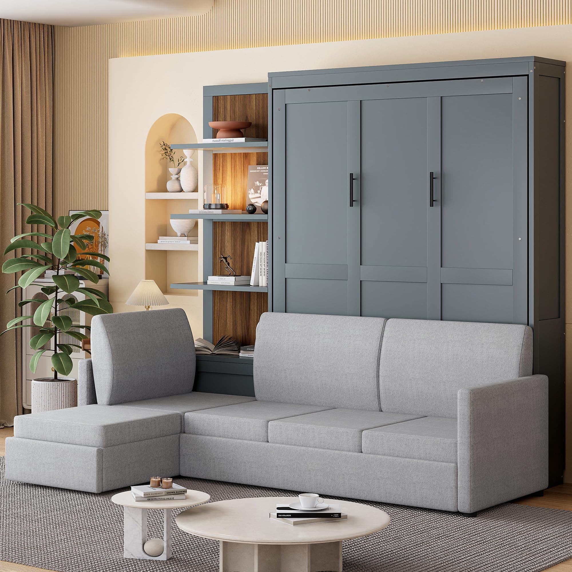 Ball & Cast Murphy Bed Queen Size Wall Chest with Sofa and Shelves,Wood Hideaway Cabinet Platform Bedframe w/Slat Support,can be Folded,Space-Saving,for Small Room,Dorms,Gray