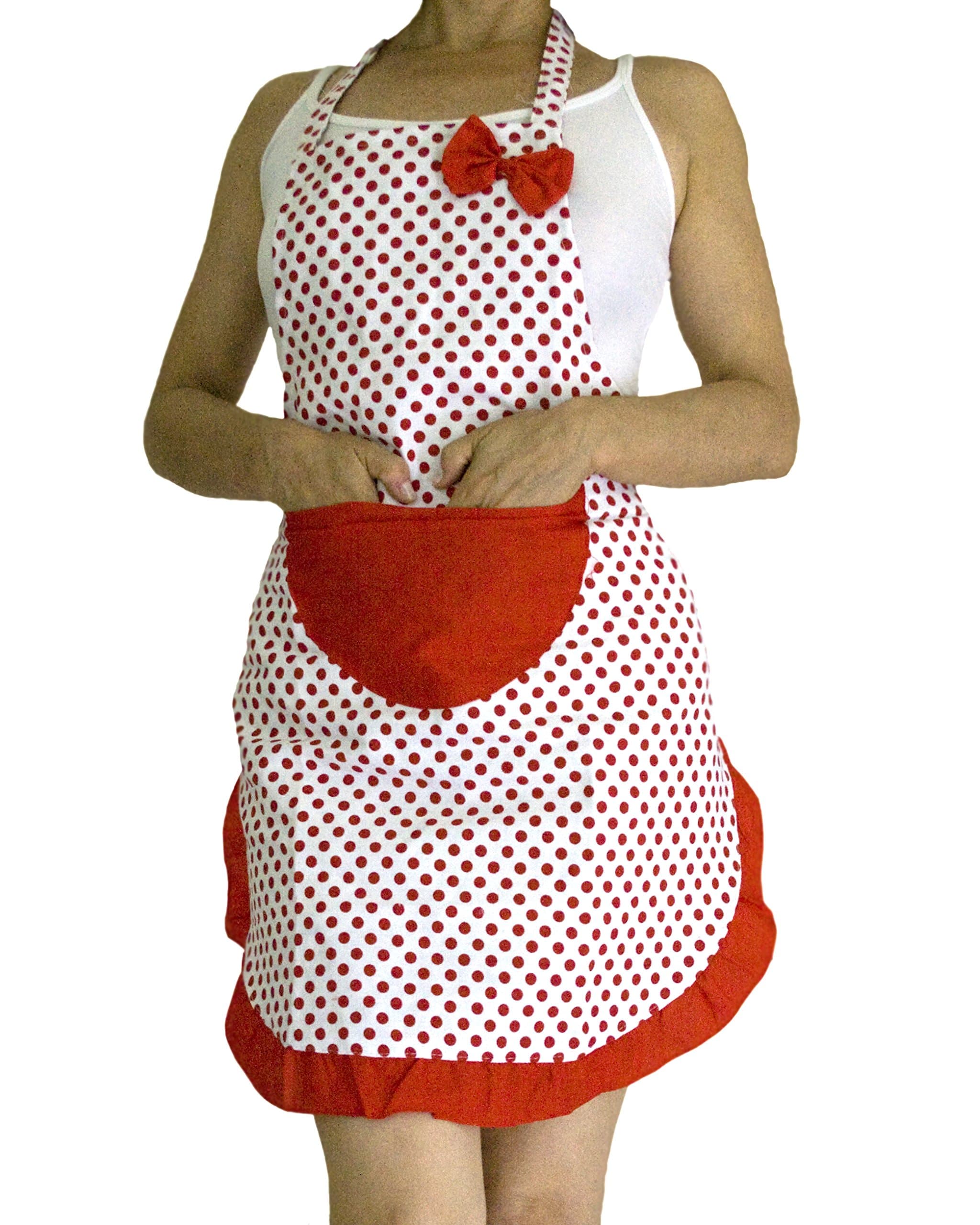 Cute and Flirty, with Dotted Pattern and Red Pocket on White Background, Polycotton Canvas Multifunctional Waterproof Apron for Women, to Protect Your Cloth While Cooking, Painting, Gardening, Art Crafting and Much More (Red)