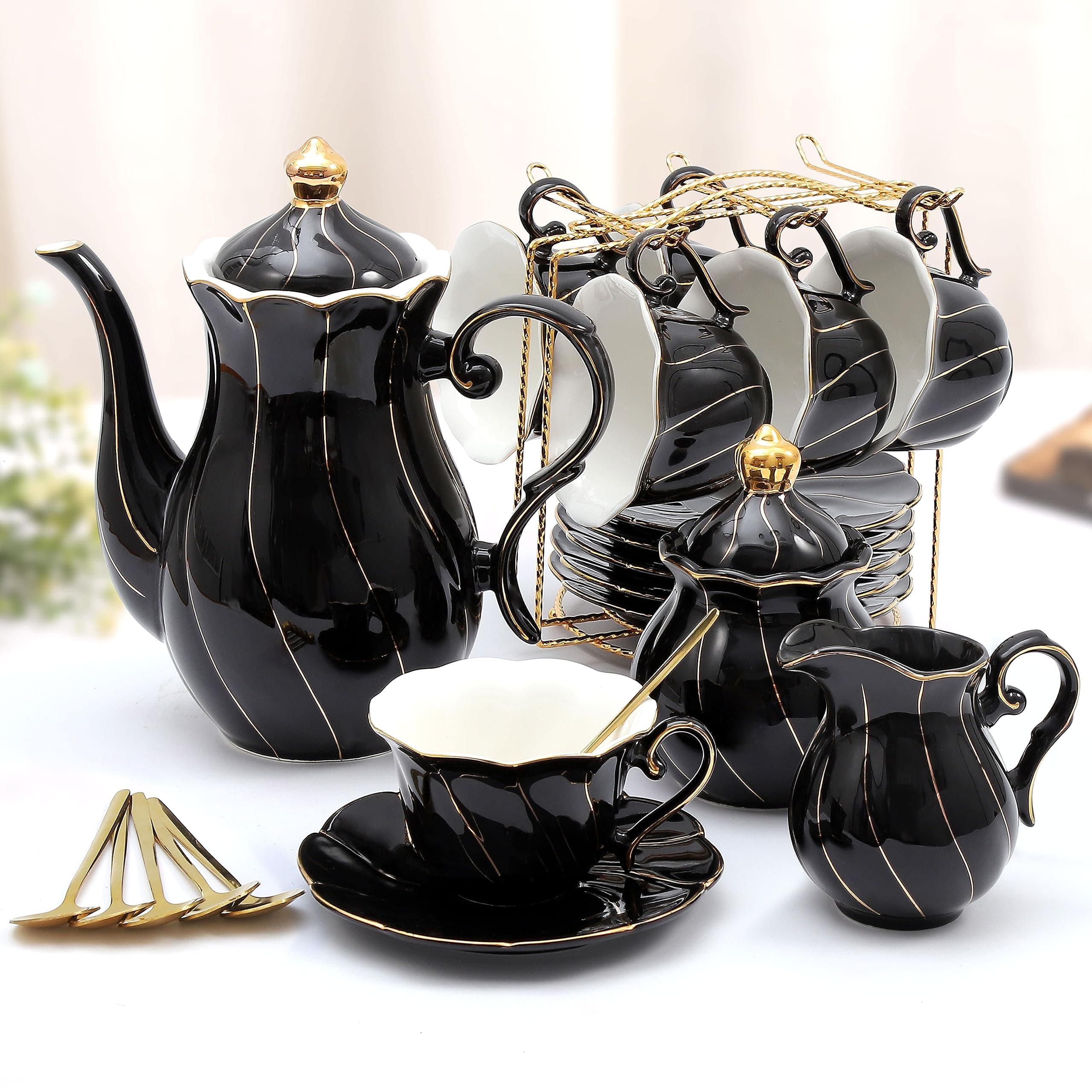 DUJUST 22 pcs Porcelain Tea Set for 6, Luxury British Style Tea/Coffee Cup Set with Golden Trim, Beautiful Tea Set for Women, Tea Party Set, Gift Package (Including a Stand) - Black