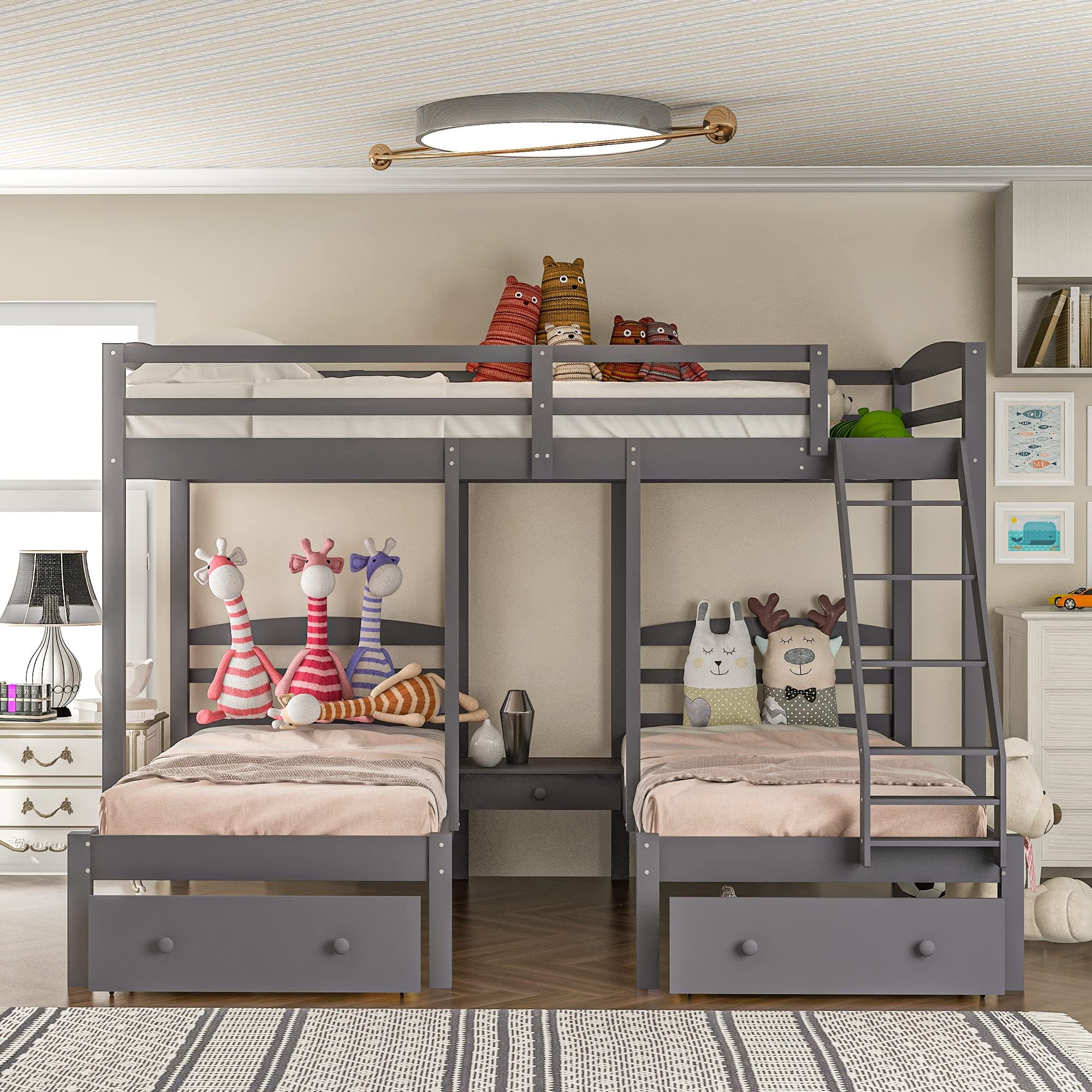 Flieks Triple Bunk Bed Full Over 2 Twin Bunk Bed for 3, Wood Triple Bunk Bed with 3 Drawers and Guardrails, 3 Bunk Bed for Teens, Kids, Boys, Girls, Teens, Adults No Box Spring Needed