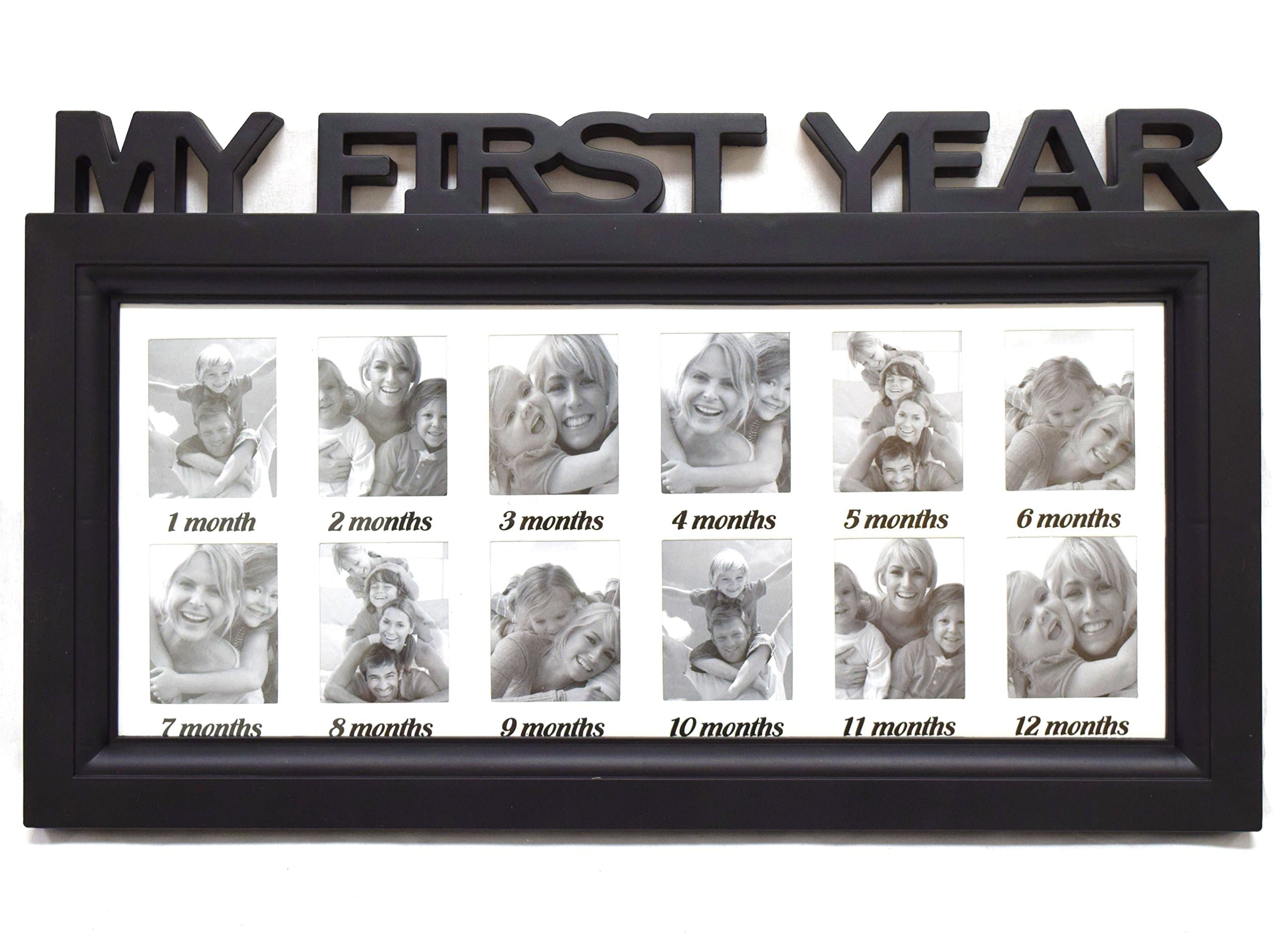 Black/White Frame Baby's First Year Timeline Collage Picture Frame - Comes with Protective Bubble Wrap (Colors Vary)