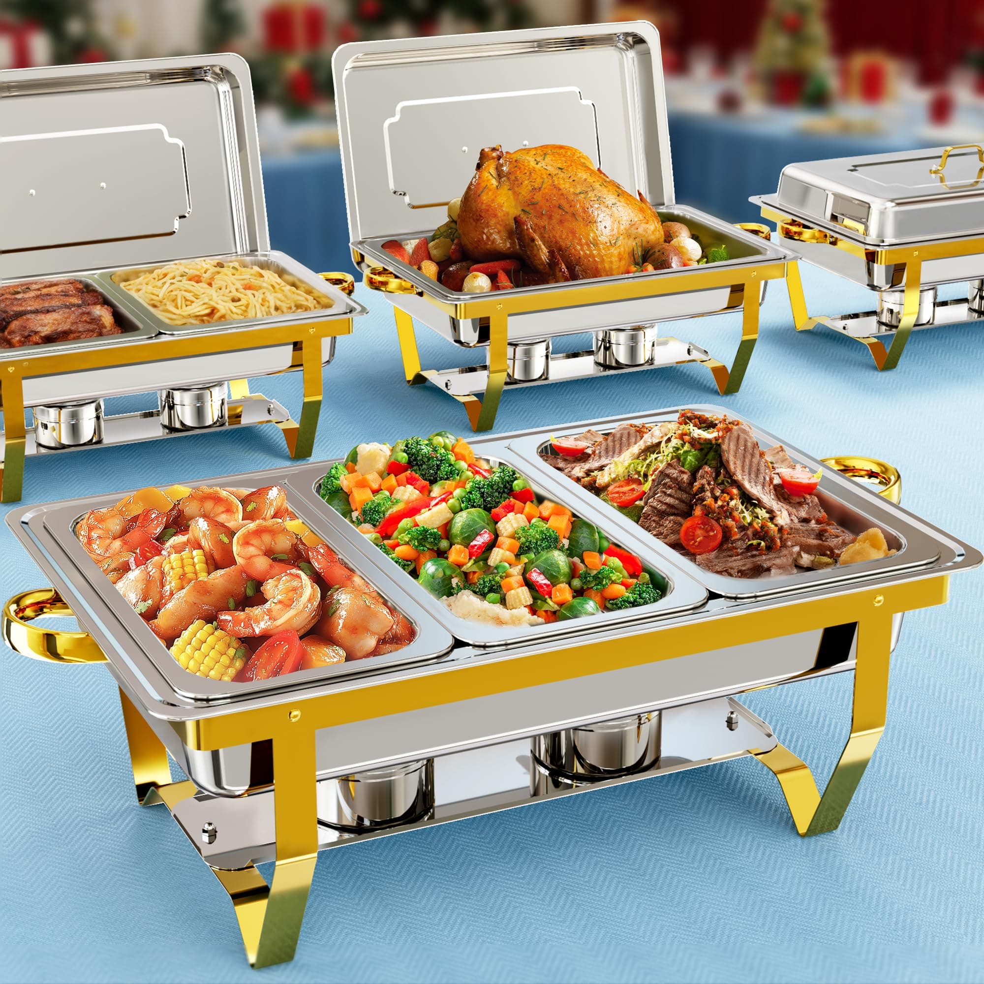 Chafing Dish Buffet Set 4 Pack, 9.5 QT Stainless Steel Chafing Dishes for Buffet Elegant Gold and Silver Colors Catering Chafer Warmer Set with Full,Half,1/3 Food Pan, For Parties Wedding