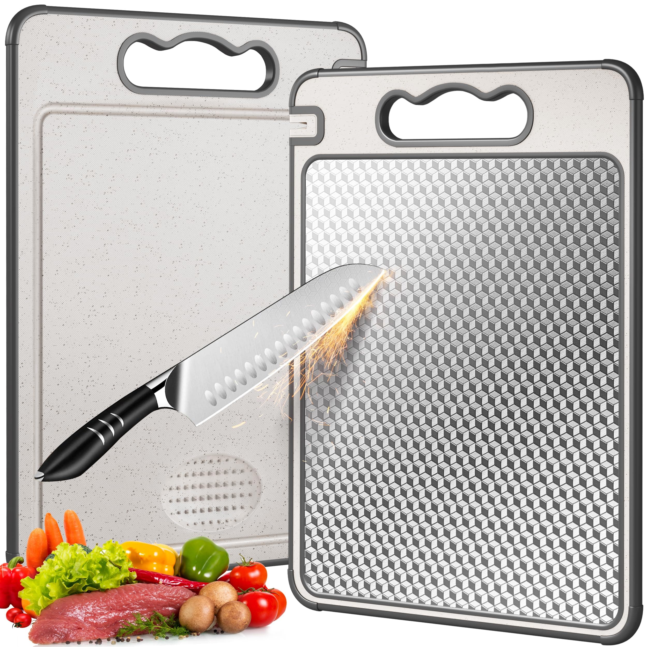 Stainless Steel Cutting Board for Kitchen, Scratch Resistant Mesh Design, Reversible 304 Stainless Steel & Wheat Straw, Non Toxic Chopping Board for Meat, Dishwasher Safe, 14.4"*9.8",1Pcs Grey
