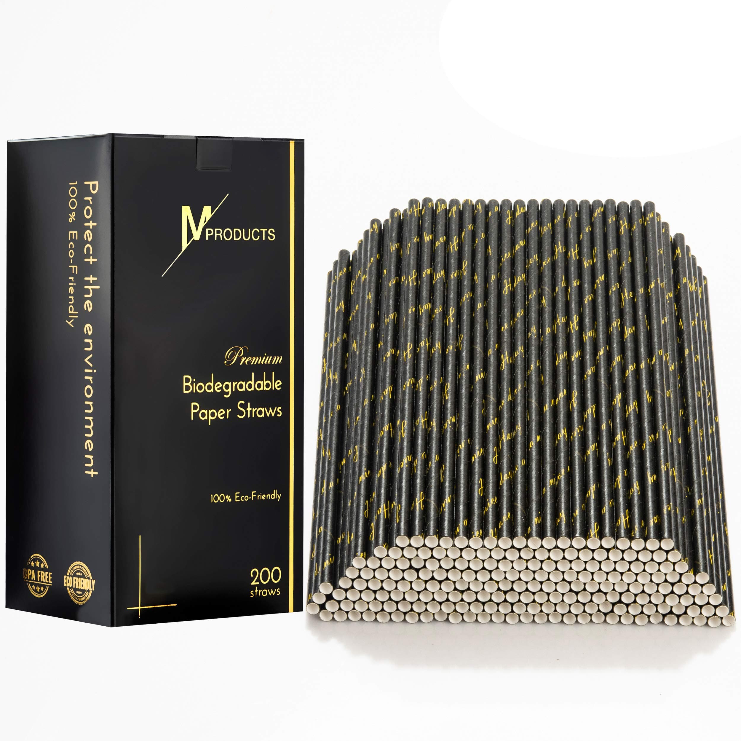 200-Pack Paper Straws – Disposable Biodegradable Drinking Straws – Unique Black & Gold Elegant Design – Have A Nice Day Inscription – Ideal for Special Events, Wedding, Birthday Party, Home Use