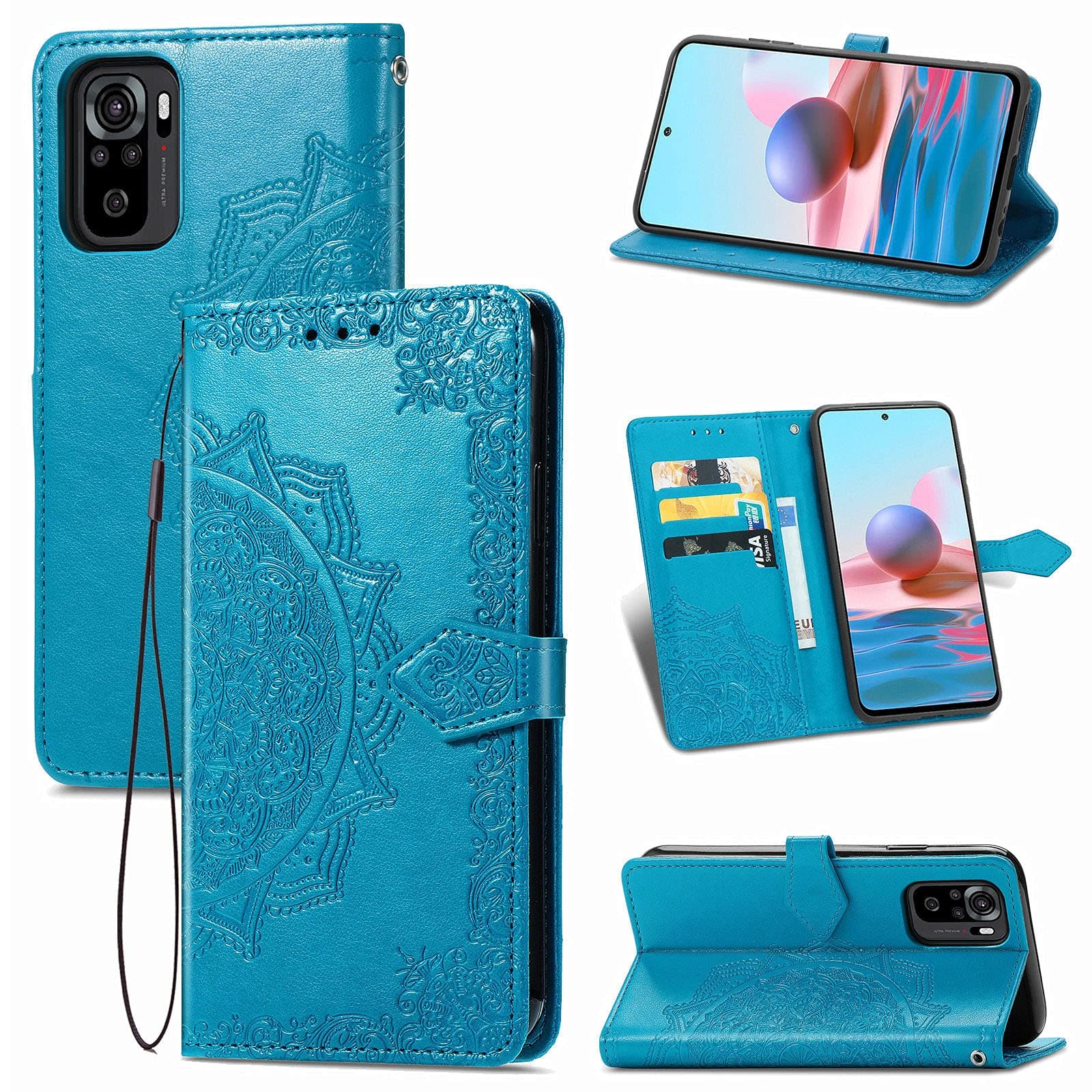 Urspasol for Xiaomi Redmi Note 10/10s 4G Case Wallet Premium PU Leather Mandragora Folio Flip Stand Credit Card Slot Kickstand Magnetic Closure Cover Wrist Strap (Blue)