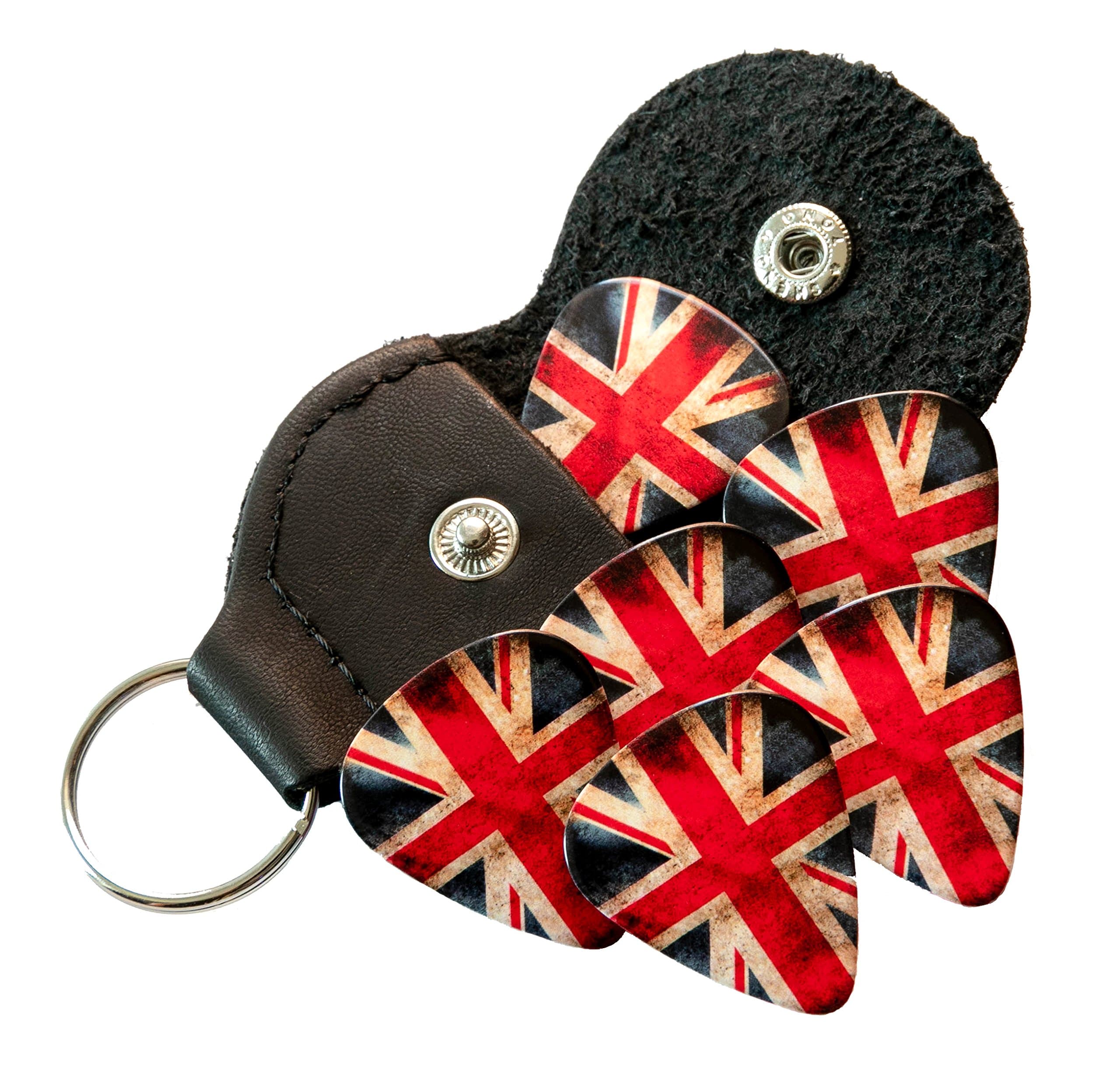 Worn Union Jack 6 Guitar Picks Double Sided With Plectrum Holder Keyring