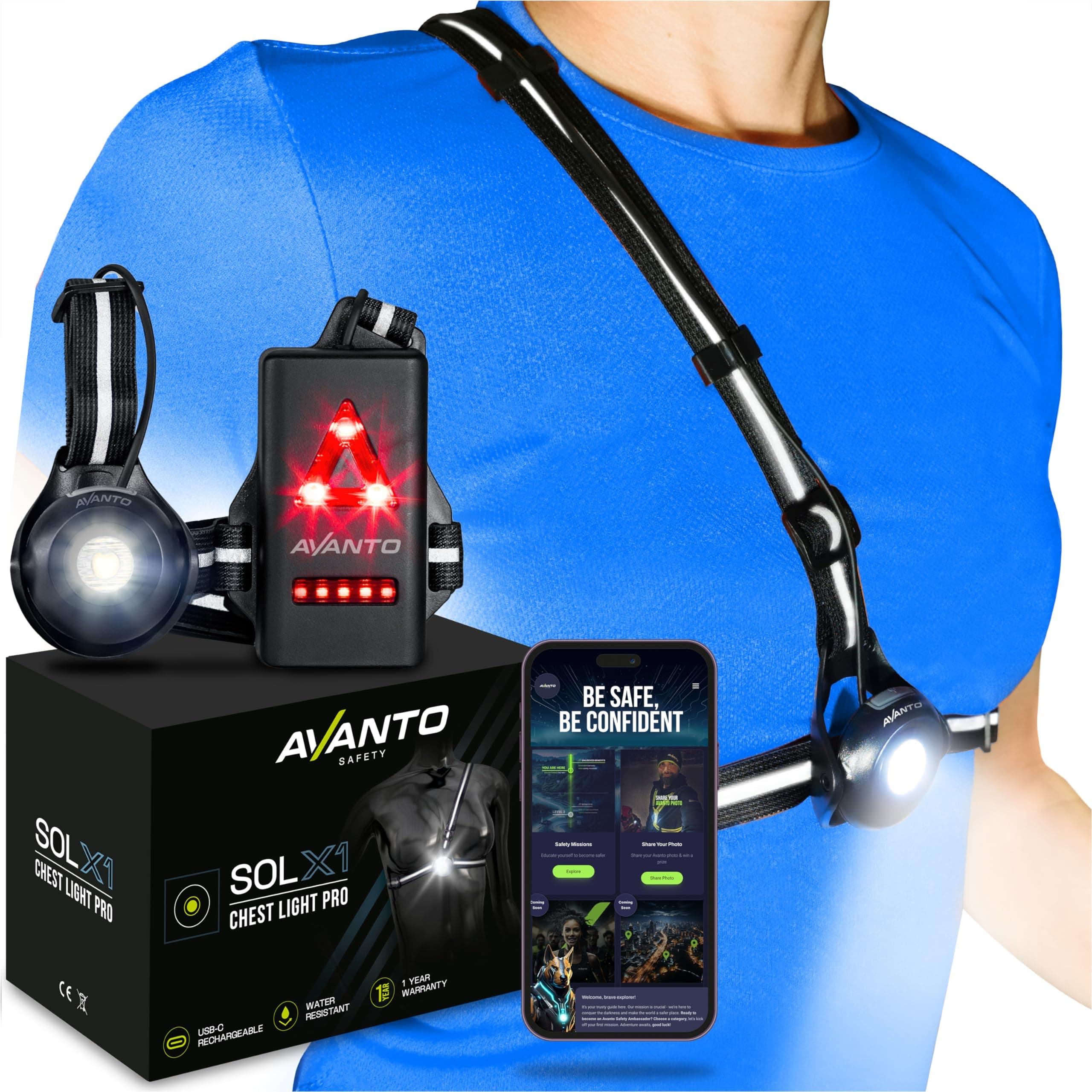 AVANTO SOLX1 Pro Chest Light, USB-C Smart Running Lights with Free Safety Courses, Black