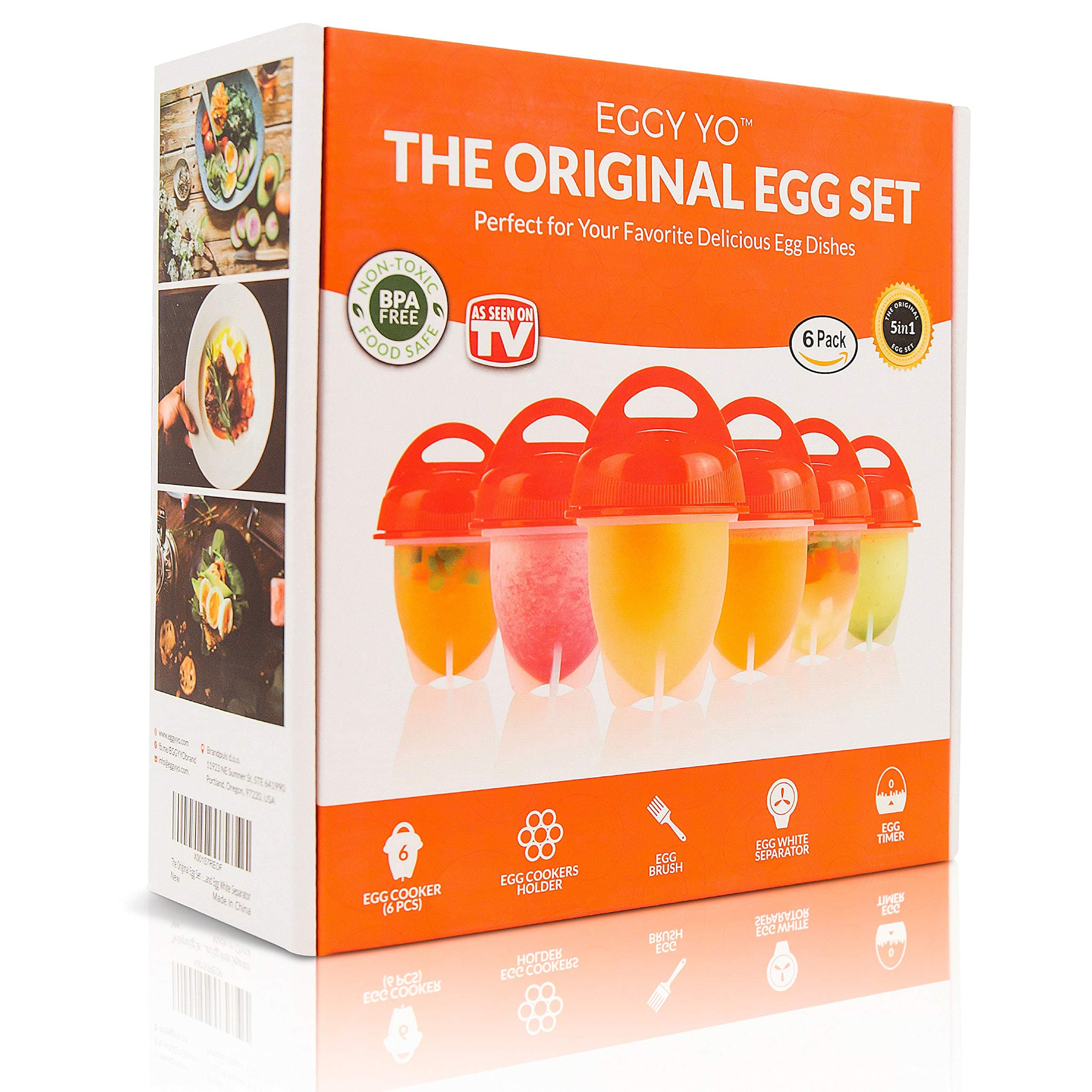 Hard Boiled Egg Maker: 5 in 1 Egg Cooker Set with 6 Silicone Cups, Holder, Brush, White Separator, Timer - Make Hard Boiled Eggs Without the Shell - As Seen on TV Egg Boiler