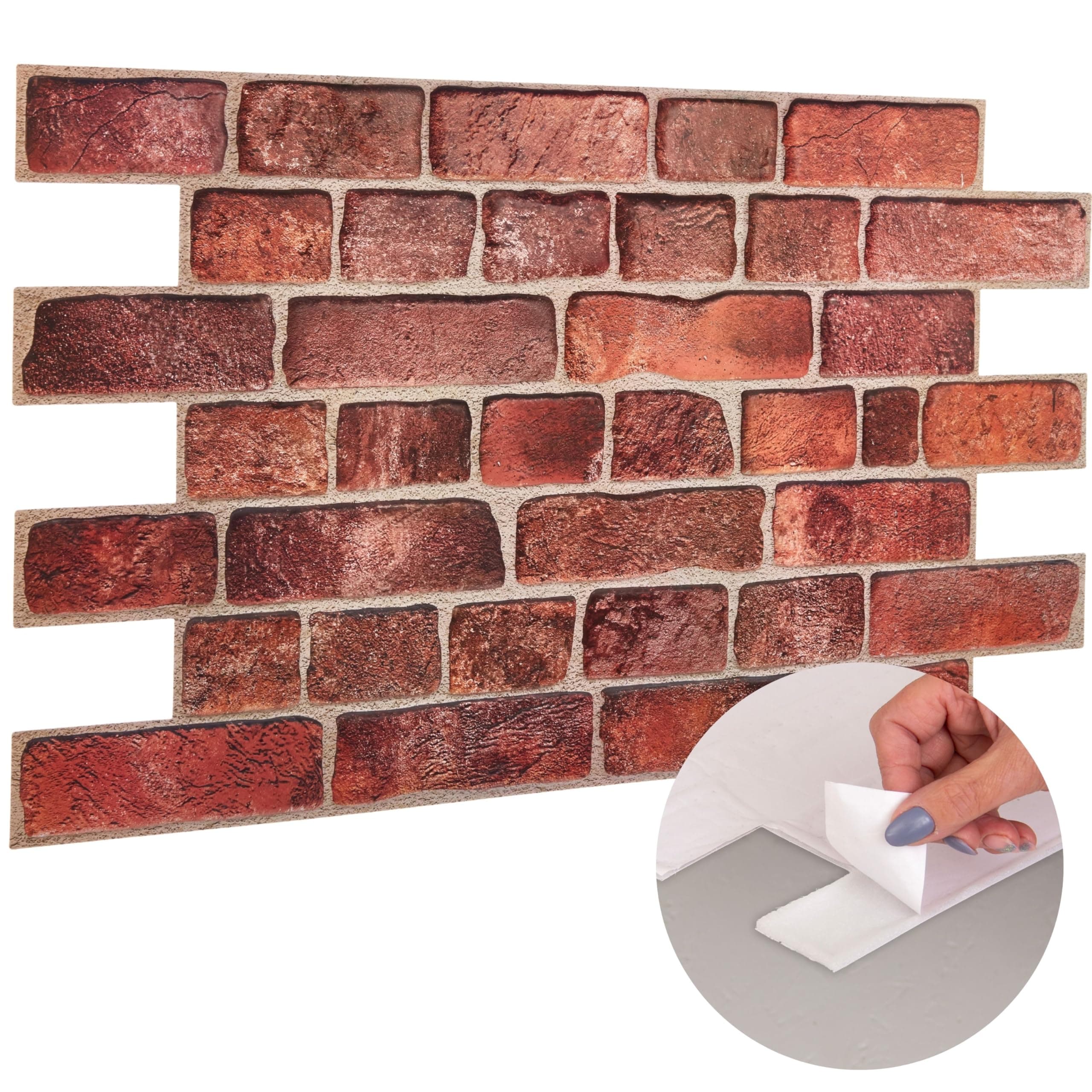 3D Wall Panels Self Adhesive - 20 Sheets Covering 99.1 sqft (9.2 sqm) Modern PVC Plastic Cladding Panel Size - 37.79 x 18.89 in (96 cm x 48 cm) – Decorative Faux Deep Red Brick Pattern