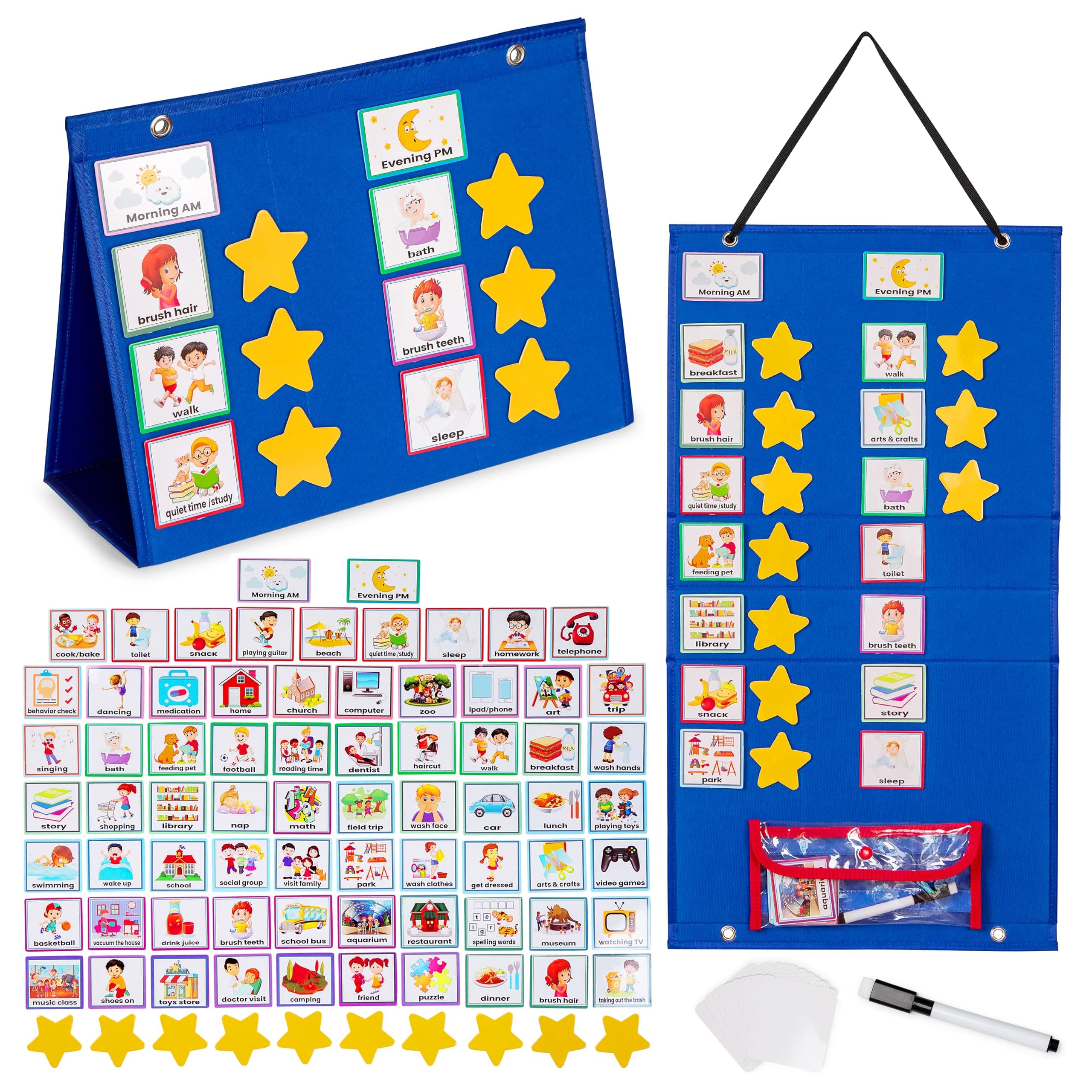 Large Visual Schedule for Kids with Autism - Morning Bedtime Routine Daily Calendar for Kids with 72 Activity, 10 Blank Cards & 15 Stars- Wall Communication Chore Chart Responsibility Planner