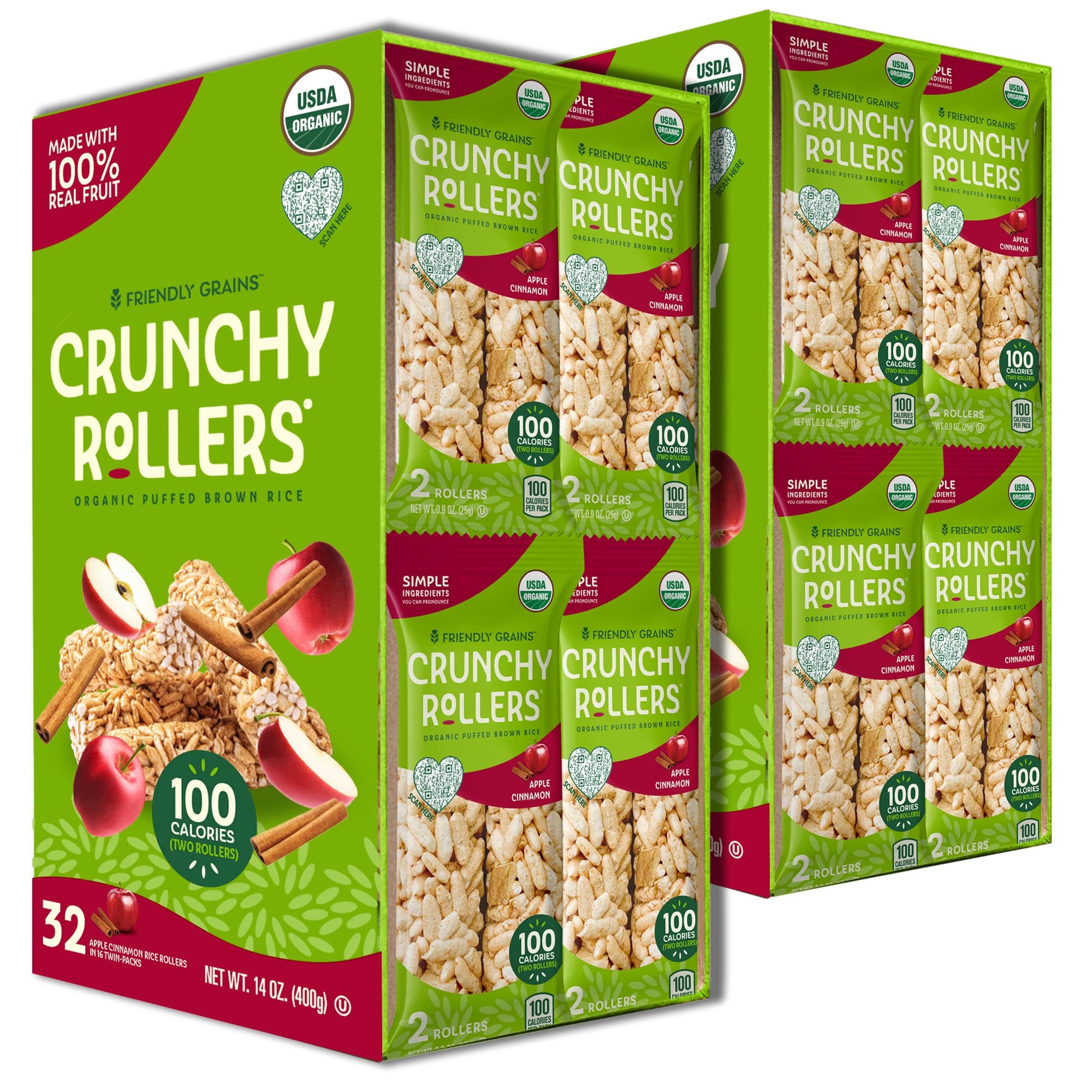 Apple Cinnamon Crunchy Rollers (2 Boxes) - Organic Rice Snacks, Crispy Puffed Rice Rolls, Healthy Snack Rolls for Adults and Kids - Friendly Grains (32 Packs of 2)