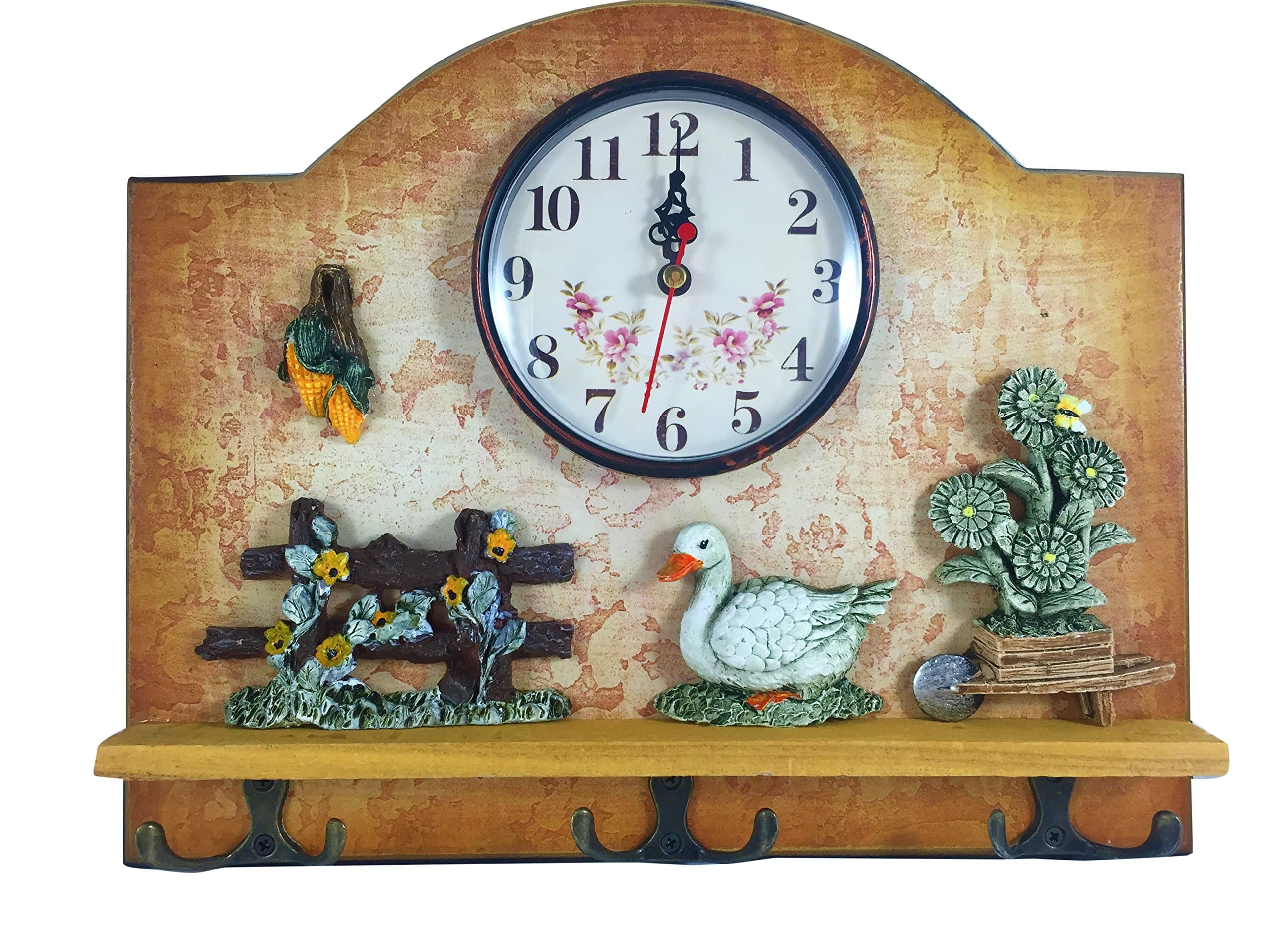 Heartful Home Wall Decor Clock with Key Holder Hooks - Best Gift Idea for Wedding & Housewarming Gifts - Two Styles: Rustic Country & French Chef - Great Entryway or Kitchen Organizer (English Farm)