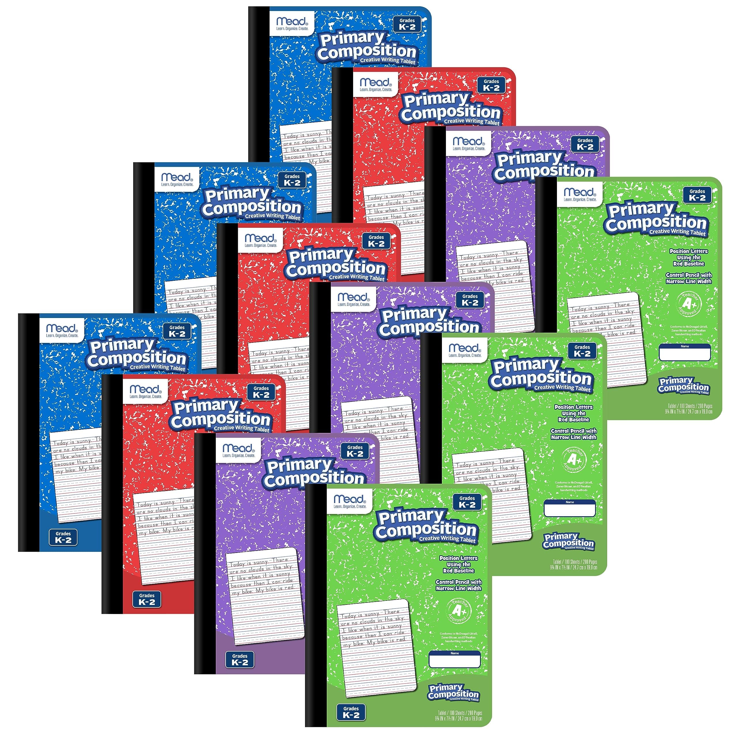 Primary Composition Book, Primary Ruled Journal, Grades K-2, 7-1/2" x 9-3/4", 100 Sheets per Comp Book, Colors Will Vary, 12 Pack (610054-ECM)